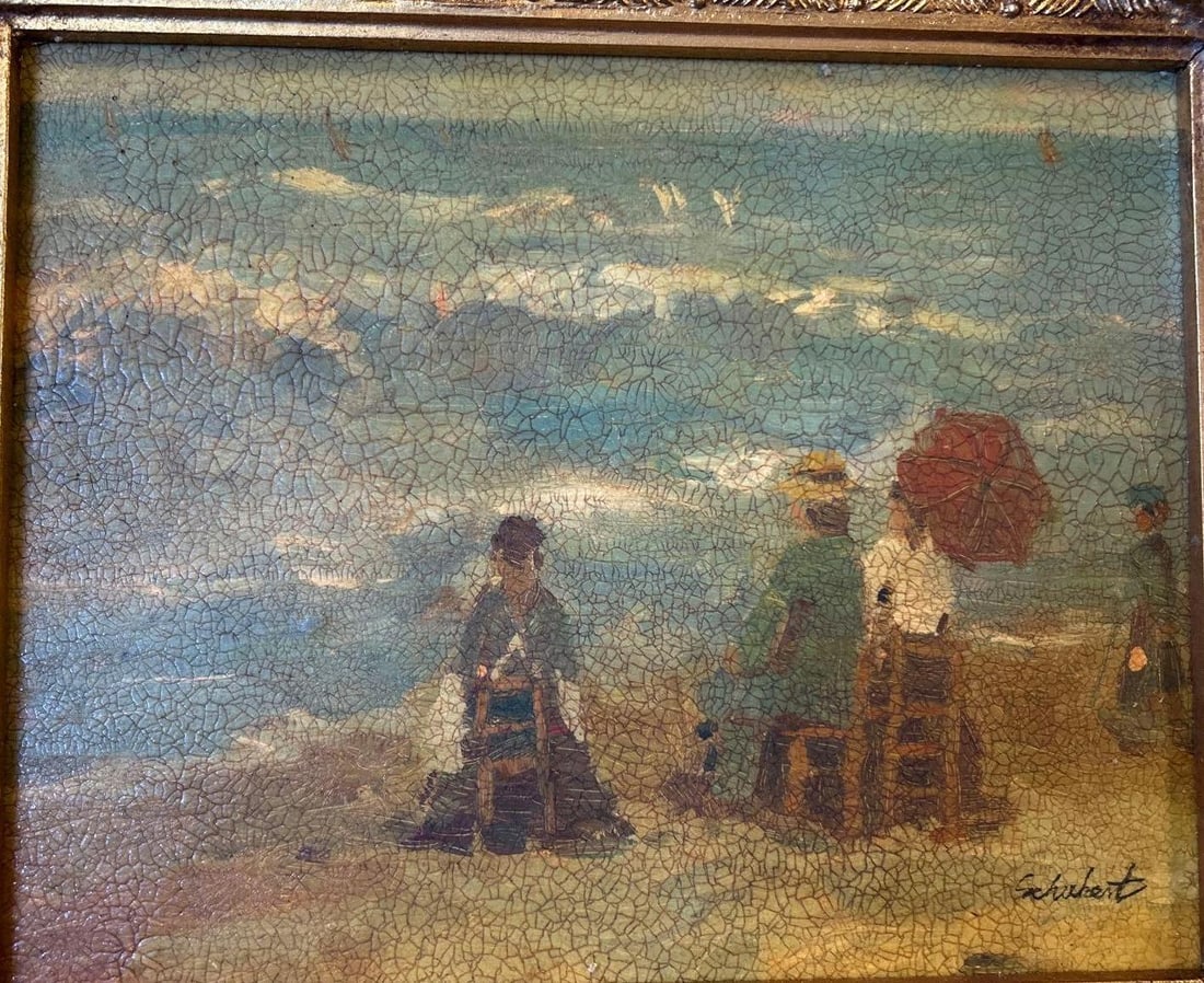 Beach Scene, Oil On Canvas, Signed Schubert. (1 of 3)