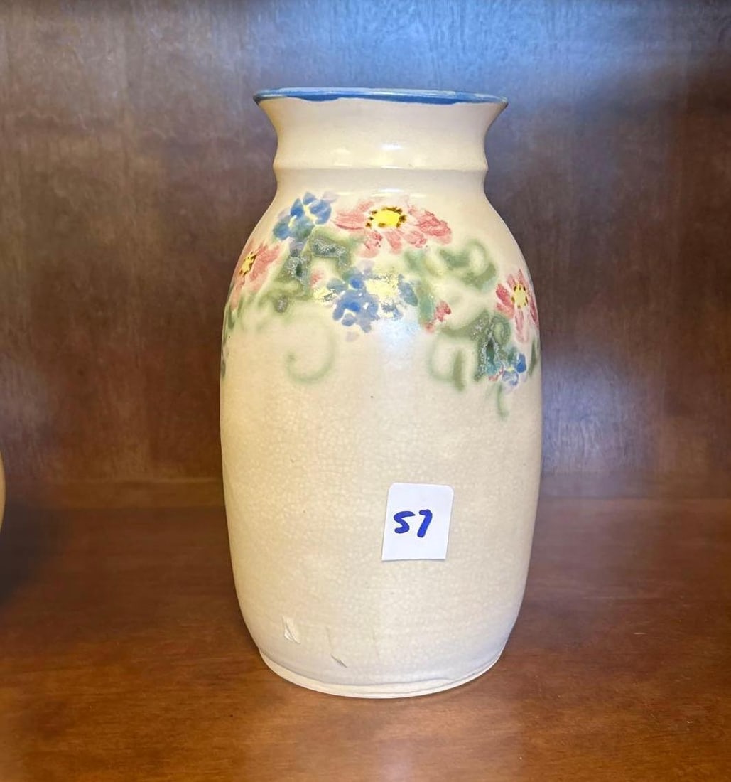 Art Pottery Vase With Floral Motif: Art Pottery Vase With Floral Motif. Signed "Claude Folsom 1989." Approximately 9.5H x 5.0W in.