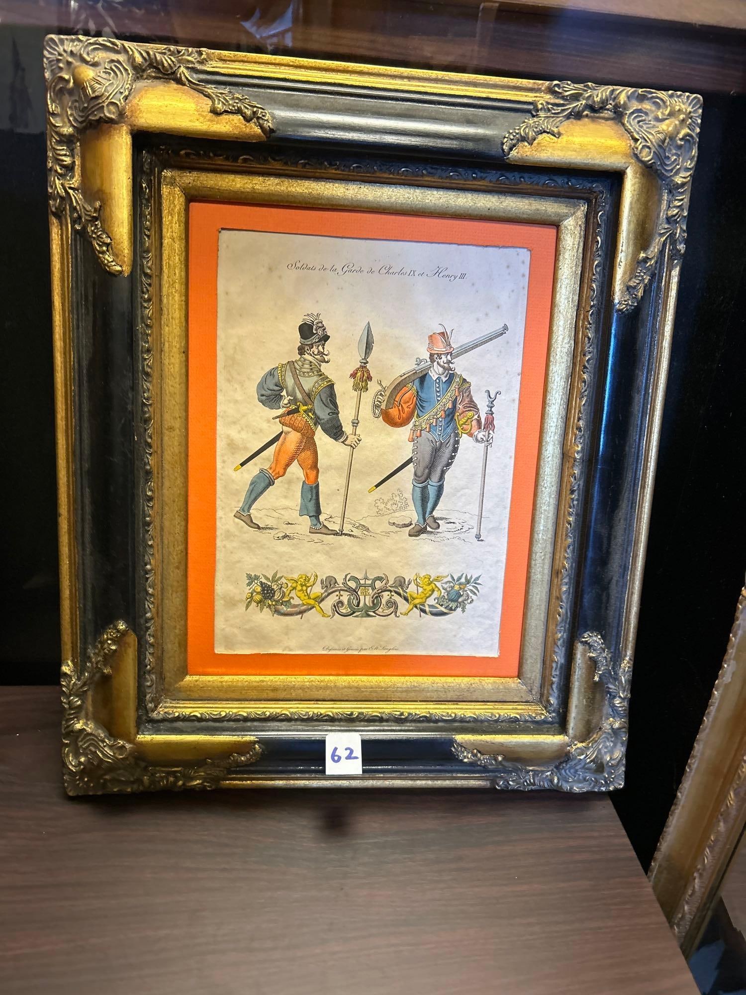 Antique Hand Colored Engraving, "Soldats de la Garde de Charles IX et Henry III." (1 of 2)