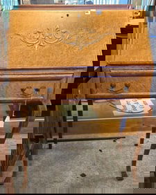 Bird's Eye Maple Drop Front Desk & Cane Seat Chair.