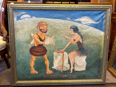 American Folk Art Adam & Eve Caricature, Oil On Canvas