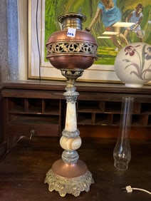Antique Victorian Brass, Copper, and Onyx Oil Lamp