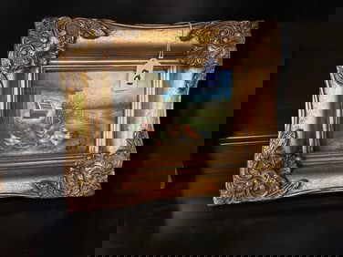 Landscape With Chickens, Oil On Canvas Board, Signed Illegibly