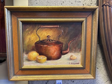 Sandy Gravitch (California, 20th C.) Still Life With Kettle & Lemons, Oil On Canvas