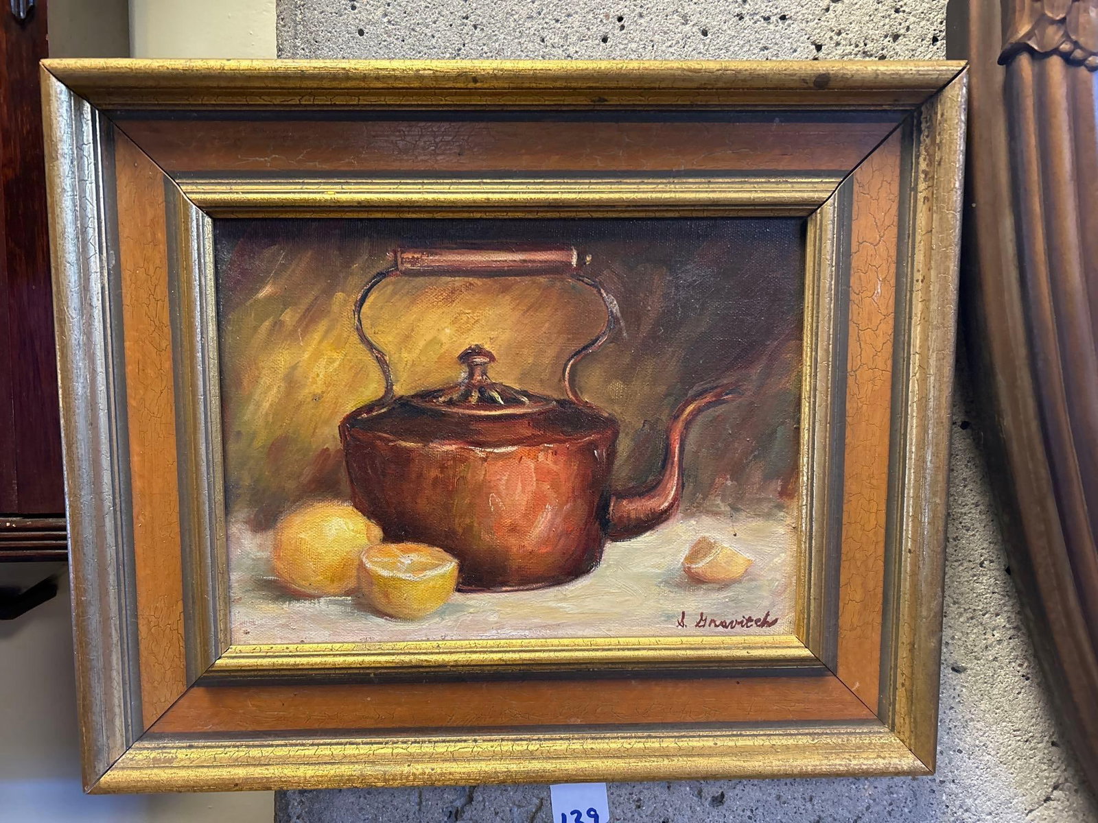 Sandy Gravitch (California, 20th C.) Still Life With Kettle & Lemons, Oil On Canvas: Sandy Gravitch (California, 20th C.) Still Life With Kettle & Lemons, Oil On Canvas. Approximately 17.5W x 14.75H x 1.5D. Sight approximately 11.5W x 8.25H in.