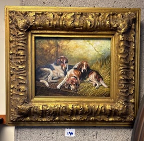 Three Hound Dogs, Oil On Board, Signed Illegibly