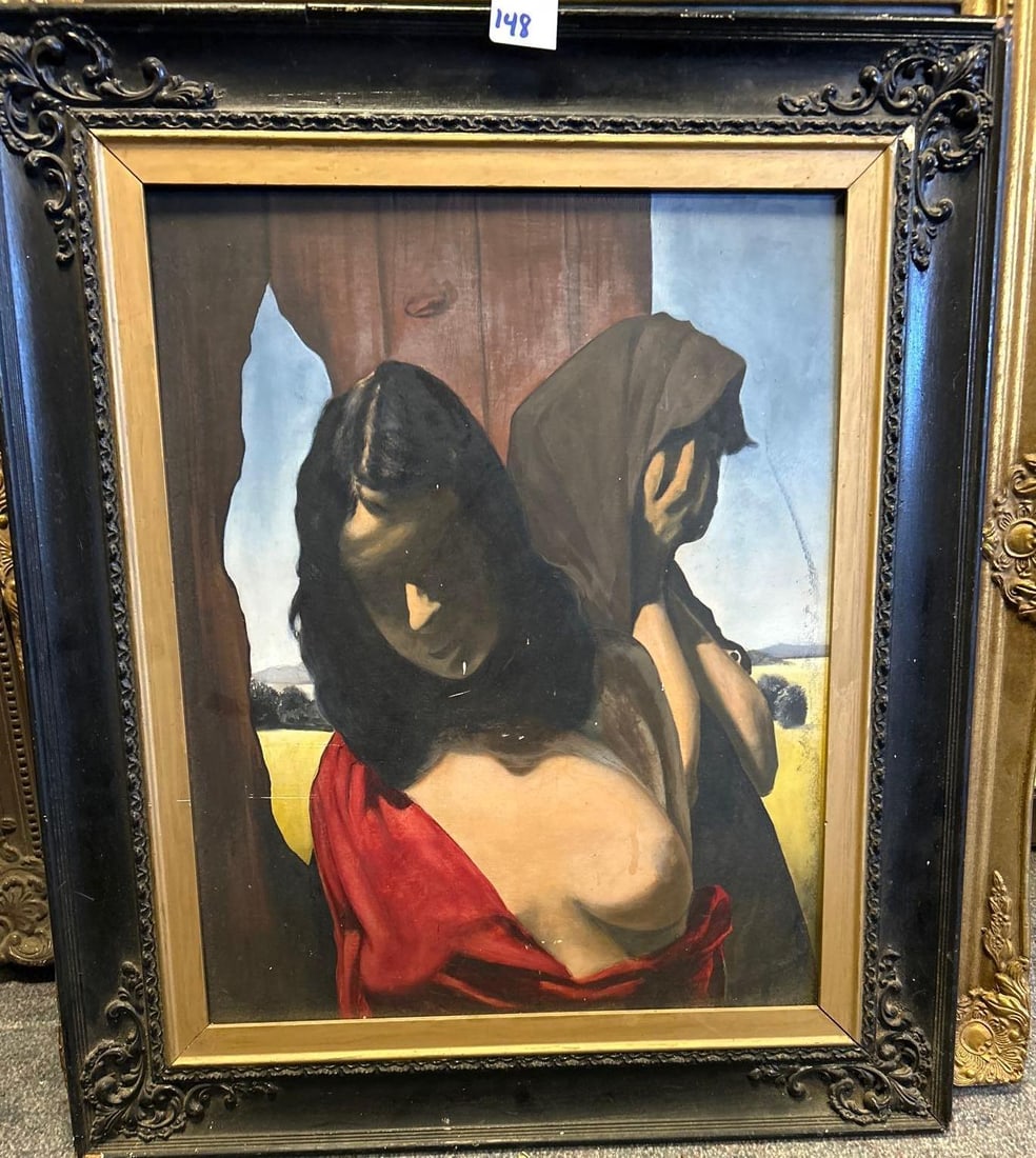 Woman In Red Dress, Surrealist Oil On Board: Woman In Red Dress, Surrealist Oil On Board. Unsigned. Approximately 26.5H x 22.5W x 1.0D in. Sight approximately 19.75H x 15.5W in.