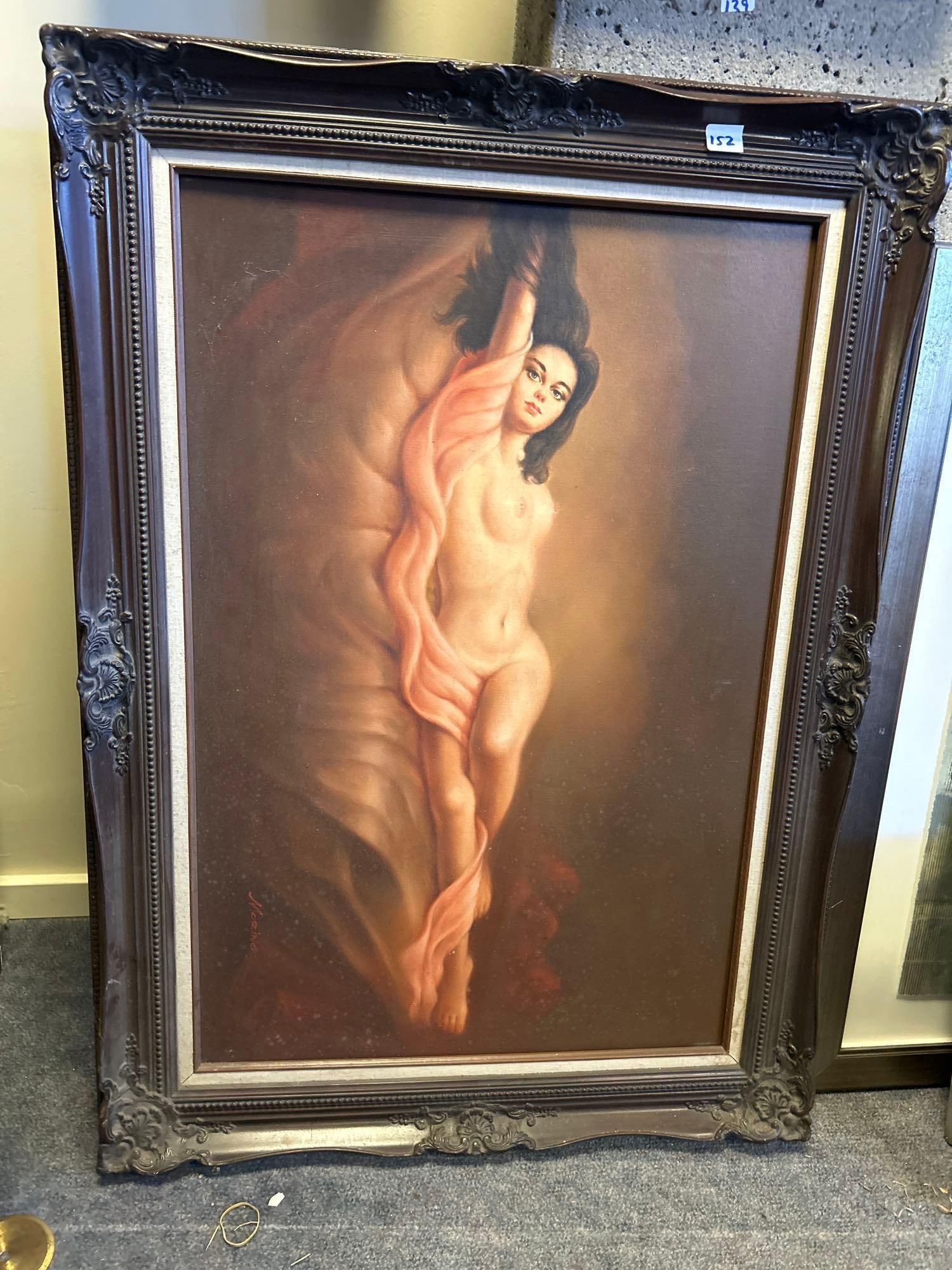 Reclining Nude, Oil On Canvas, Signed Morino: Reclining Nude, Oil On Canvas, Signed Morino. Approximately 44.25L x 32.0H x 2.25D in. Sight approximately 35.5L x 23.5H in.