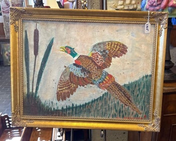Folk Art Painting Of Pheasant, Oil On Canvas On Board