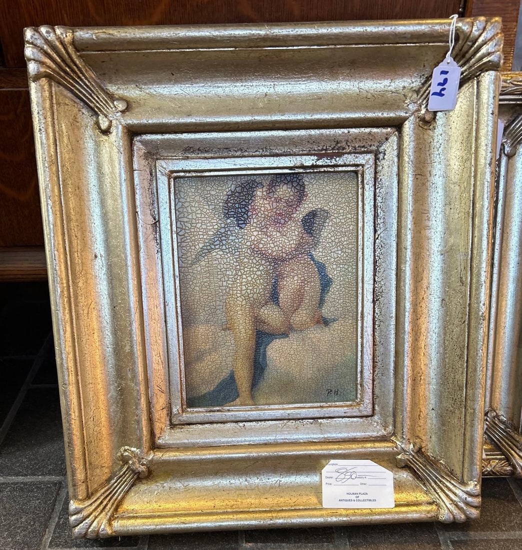 Kissing Cherubs, Oil On Canvas, Signed P.H.: Kissing Cherubs, Oil On Canvas, Signed P.H. Approximately 19.75H x 17.5W x 2.5D in.