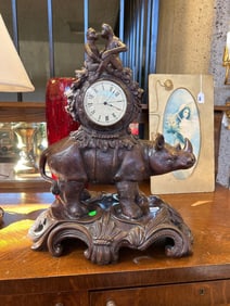Bronze Mantel Clock With Monkey & Rhinocerous Design