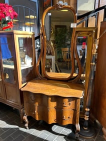 Antique Oak Two Drawer Vanity With Mirror