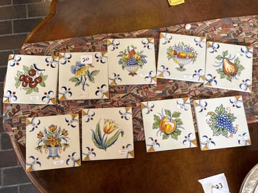 9 Delft Porcelain Tiles, Marked "Koninklijke Porceleyne Fles,"