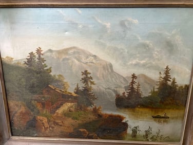 Early 20th Century Mountain Cabin Landscape, Oil On Canvas