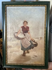 Girl With Basket, European School, Oil On Canvas