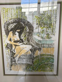 Mid Century Lithograph, Woman with Cat