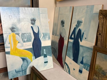 After Miguel Dominguez, Two Cafe Scene Prints On Stretched Burlap