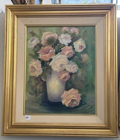 Still Life With Pink & White Roses, Oil On Canvas, Signed Gerane