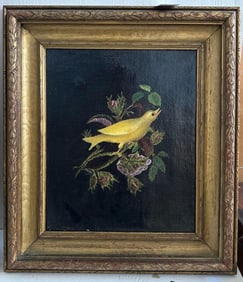 Antique Folk Art Painting, Canary With Roses, Oil On Canvas