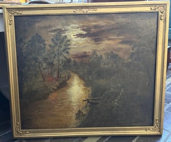 J.A. Bollenbach, In the Evening By The Moonlight, Depression Era Folk Art Nocturne, Oil On Canvas