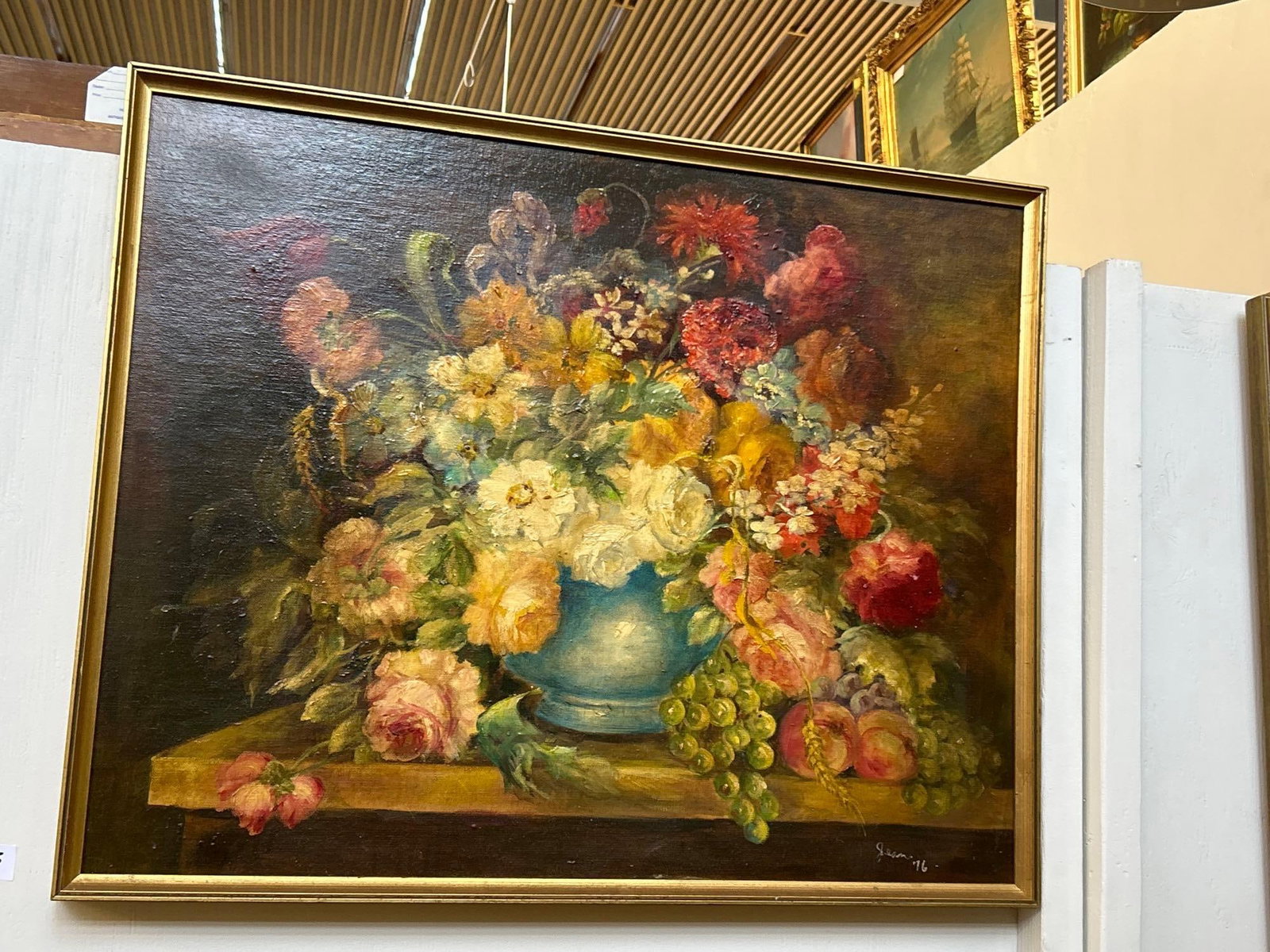 Still Life With Flowers & Fruit, Oil On Canvas Board, Signed, Jean 76: Still Life With Flowers & Fruit, Oil On Canvas Board, Signed, Jean 76. Approximately 31W x 25 x 2. Sight 29.5 x 23.5.