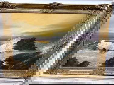 Rocky Seascape, Oil On Canvas, Signed Cargé