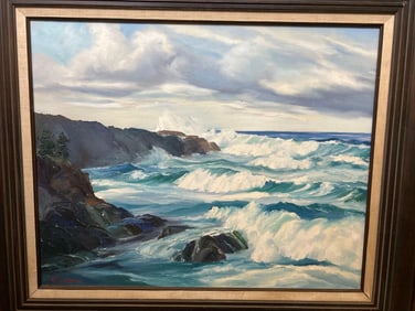 California Seascape With Redwood Trees, Oil On Canvas, Signed Giacomelli