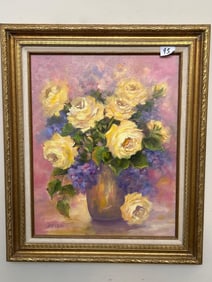 Mid Century Still Life With Roses & Lilacs, Oil On Canvas, Signed Gerane.