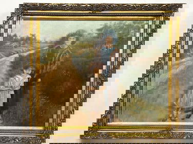 Folk Art Portrait of Woman And Child, Oil On Canvas, Signed Kopp