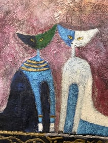 Two Cats, 20th C. Mixed Media On Canvas