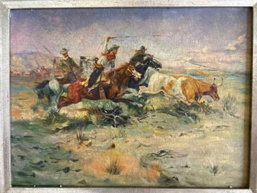 Western Scene With Cowboys & Steer, Oil On Board