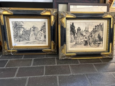 Myron A. Oliver (California, 1891-1967), Pair Of Continental Landscape Drawings On Paper