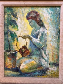Mid Century Portrait Of Woman With Watering Can, Oil On Board, Signed F. Andors