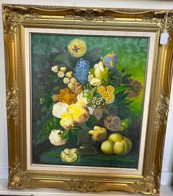 Terence Alexander (20th C.) Still Life With Flowers & Stone Fruit, Oil On Canvas