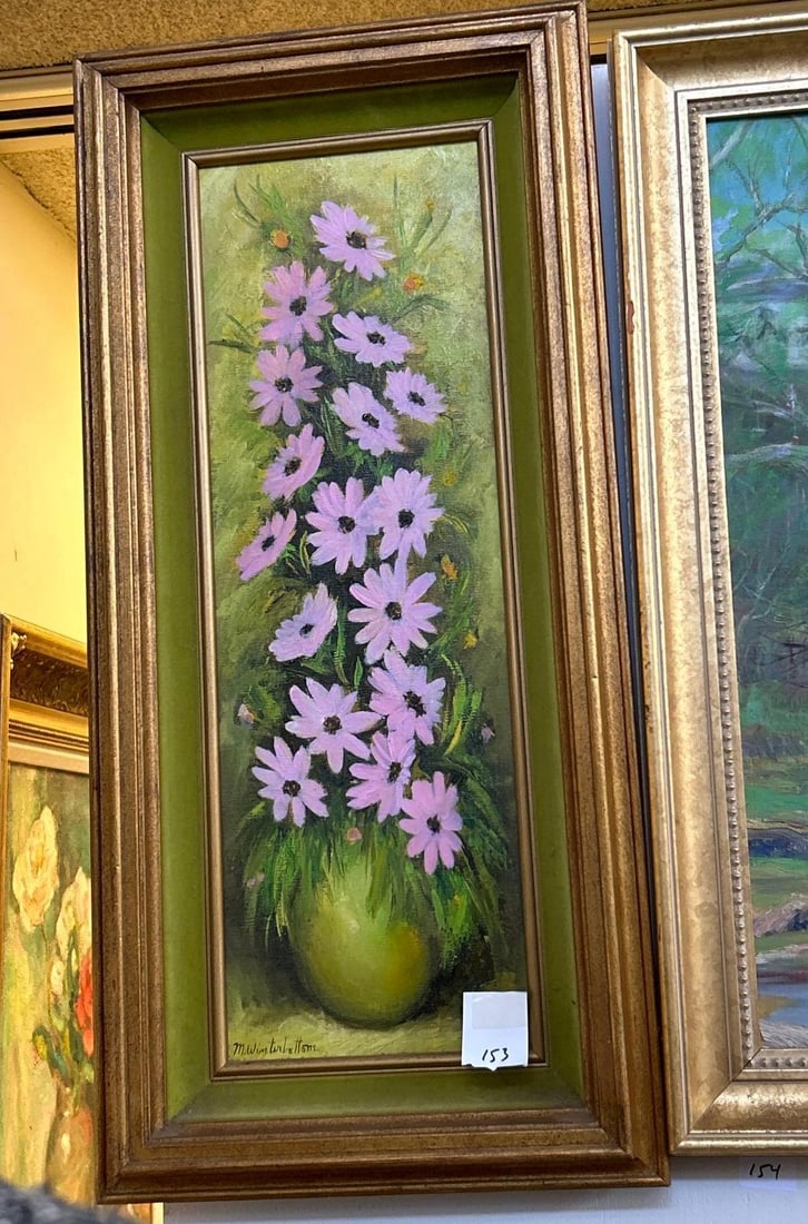 M. Winterbottom, Purple Daisies, Mid Century Floral Still Life, Oil On Canvas Board: M. Winterbottom, Purple Daisies, Mid Century Floral Still Life, Oil On Canvas Board. Signed lower left. Approximately 30h x 14 x 1.5, sight 23.5 x 7.5 in.