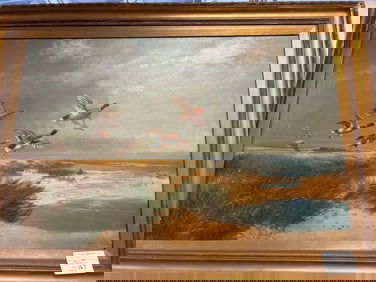 Marsh Landscape With Mallard Ducks, Oil On Canvas