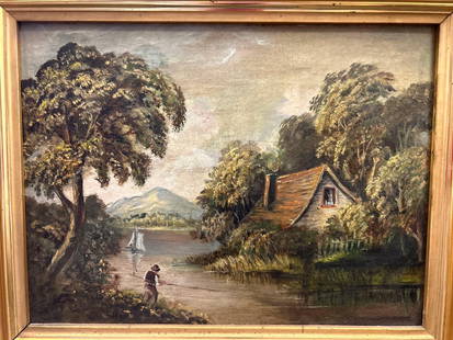 Landscape With Fisherman, Oil On Board: Landscape With Fisherman, Oil On Board, Attached card reads "Painted by Michael James Portley." Approximately 15.5w x 12.5 x 1.75, sight 11.75 x 8.75.