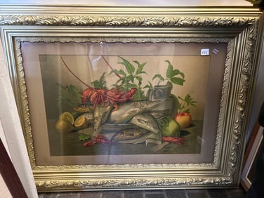 Late 19th C. Chromolithograph, Still Life With Fish & Crawfish