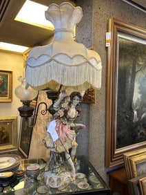 Ceramic Italian Capodimonte Style Lamp With Fringe Shade