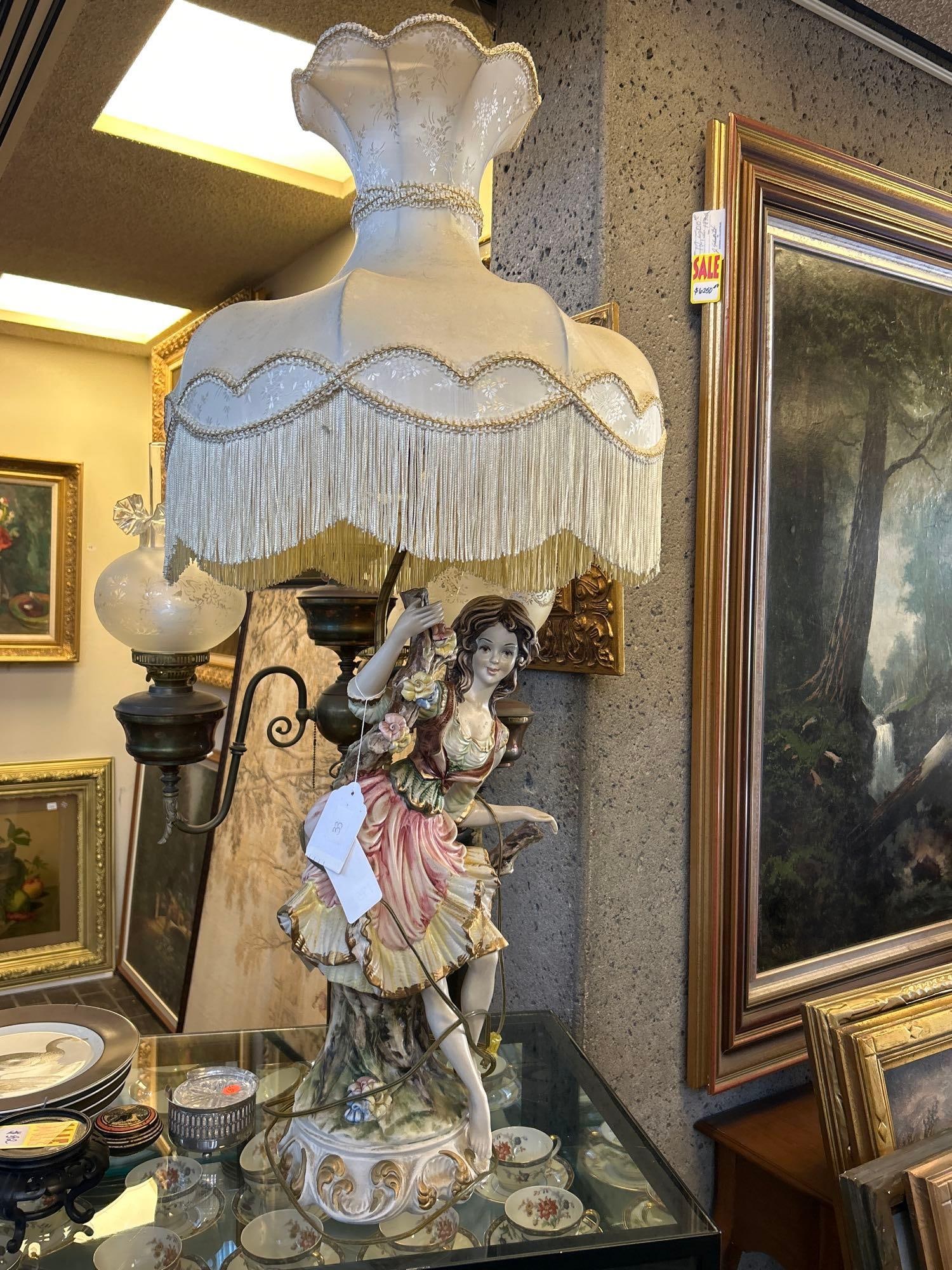 Ceramic Italian Capodimonte Style Lamp With Fringe Shade (1 of 7)