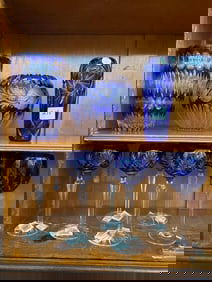 Group Of Cobalt Blue Cut To Clear Crystal Glasses & Vases