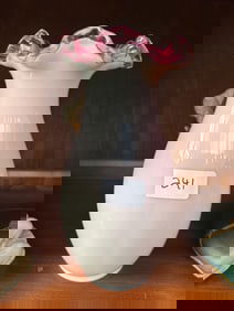 Vintage Bristol Glass Vase With Pink Ruffled Edge