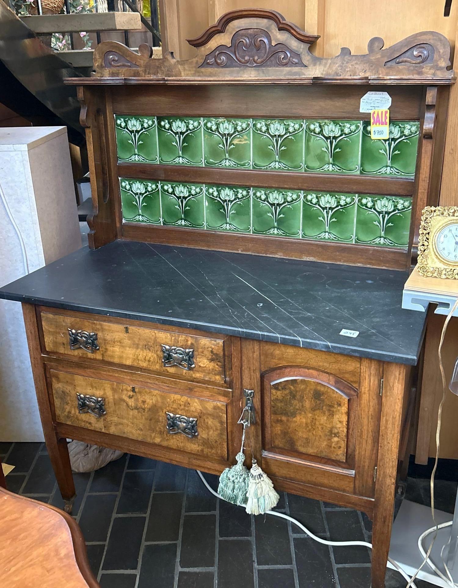 Antique Walnut Art Nouveau Tile Wash Stand (1 of 11)