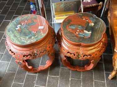 Pair Of Chinese Red Lacquered Stools
