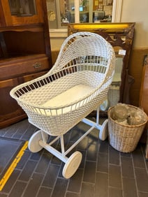 White Wicker Baby Buggy With Cushion