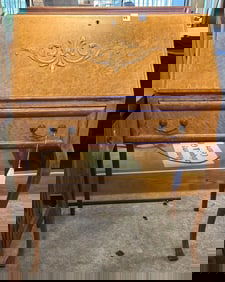 Bird's Eye Maple Drop Front Desk & Cane Seat Chair.