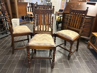 Four Older Carved Oak Barley Twist Dining Chairs