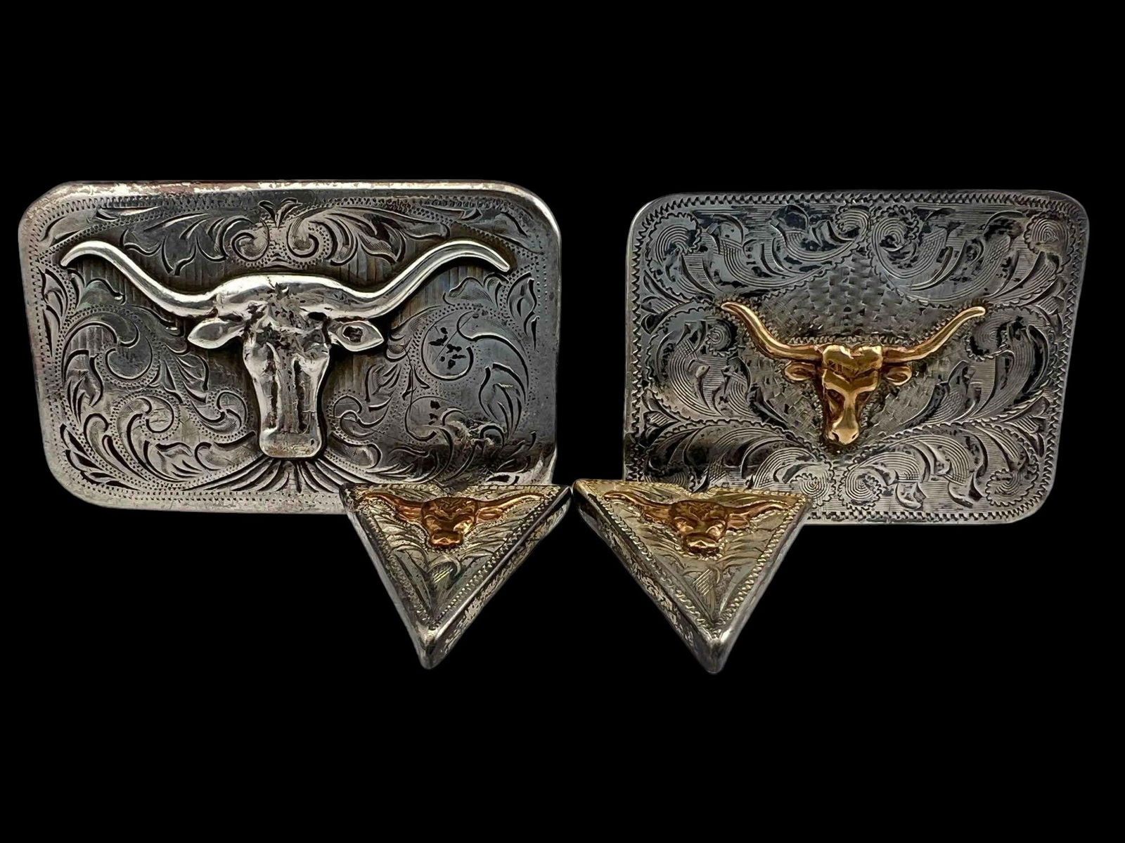 Two Hand Engraved Sterling Silver Texas Longhorn Belt Buckles & Belt Tips (1 of 11)