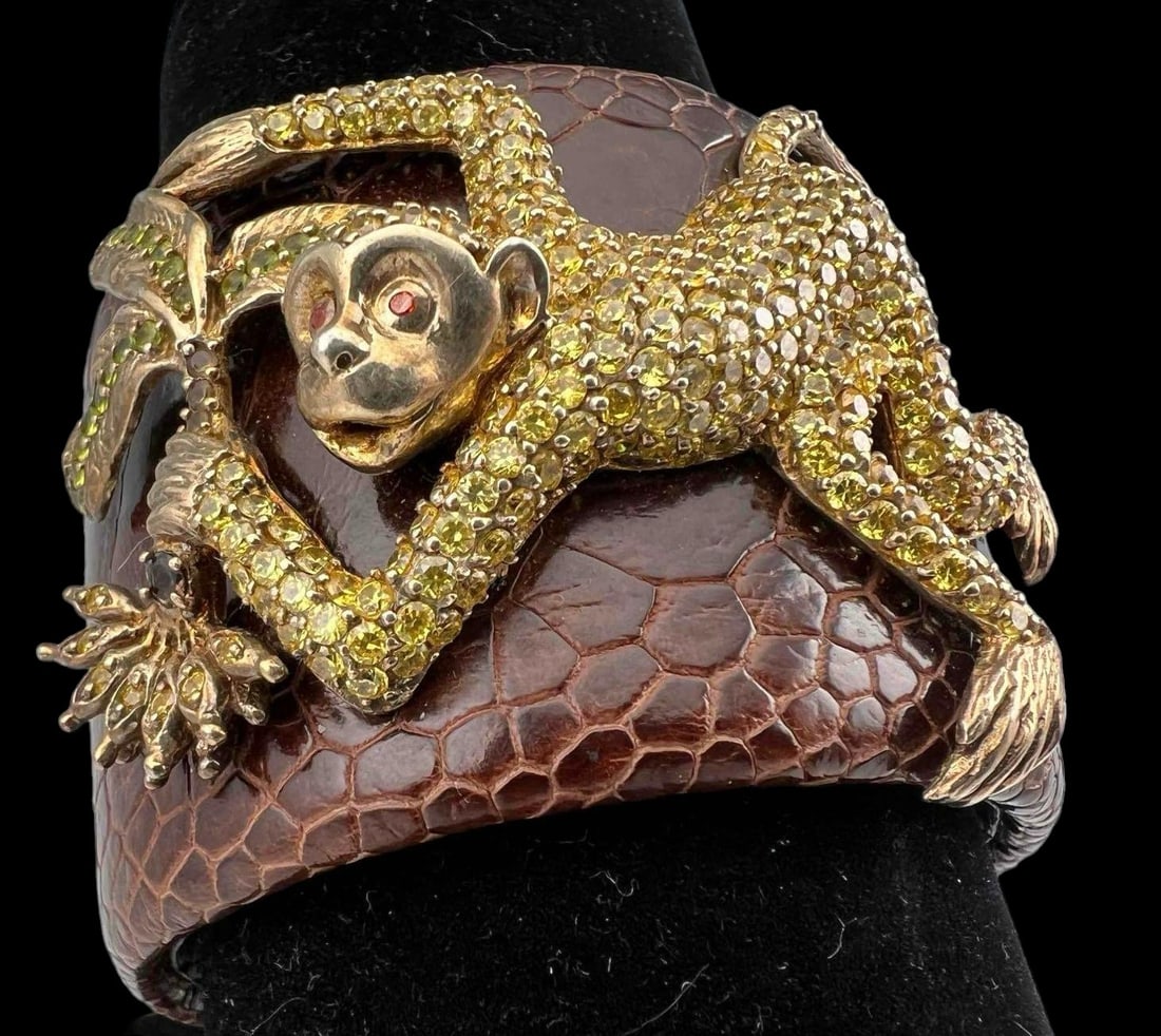 Vermeil, Rhinestone & Exotic Leather Monkey Cuff Bracelet (1 of 12)