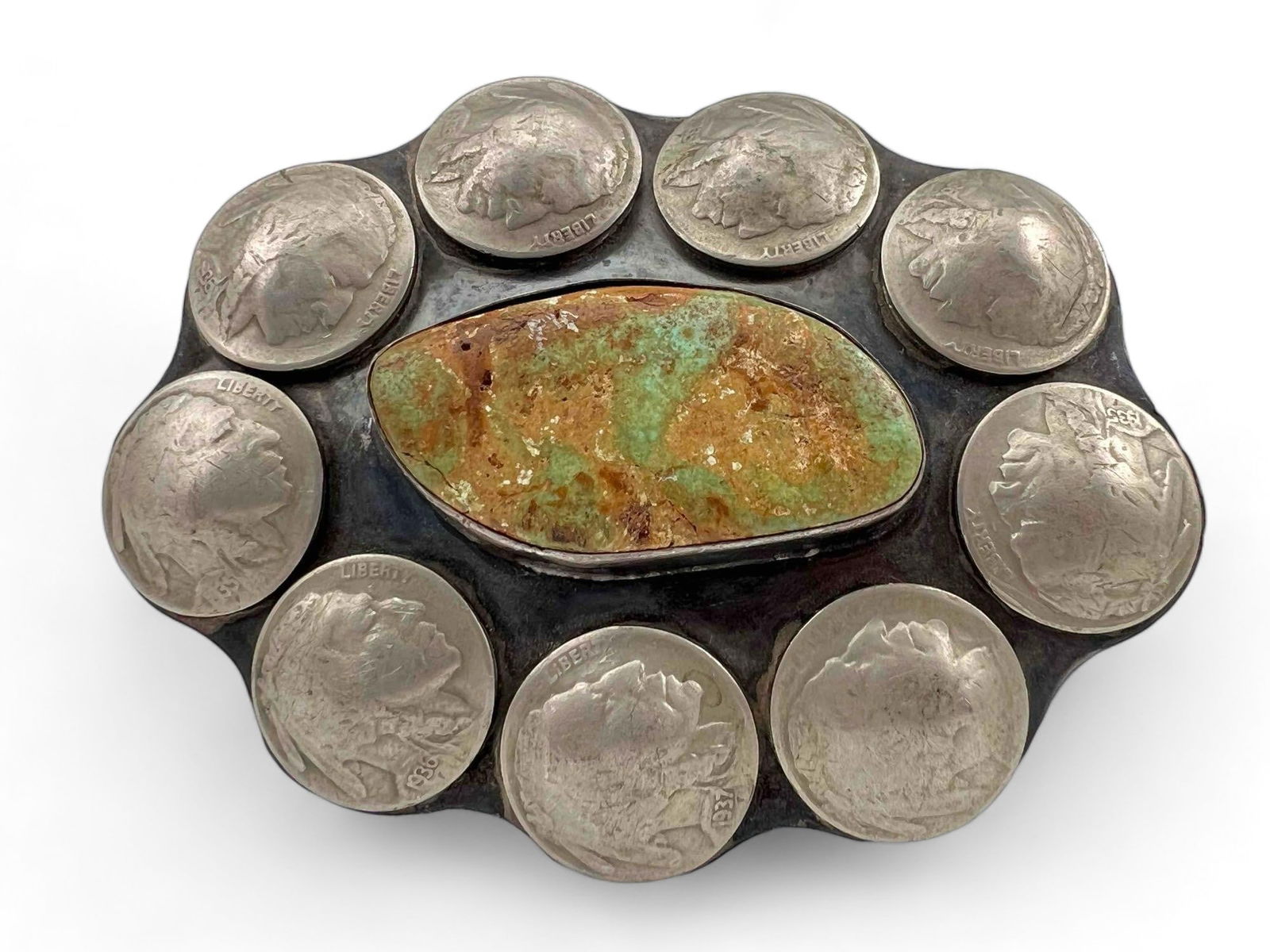 Older Native American Sterling Silver Turquoise Buffalo Nickel Belt Buckle (1 of 8)
